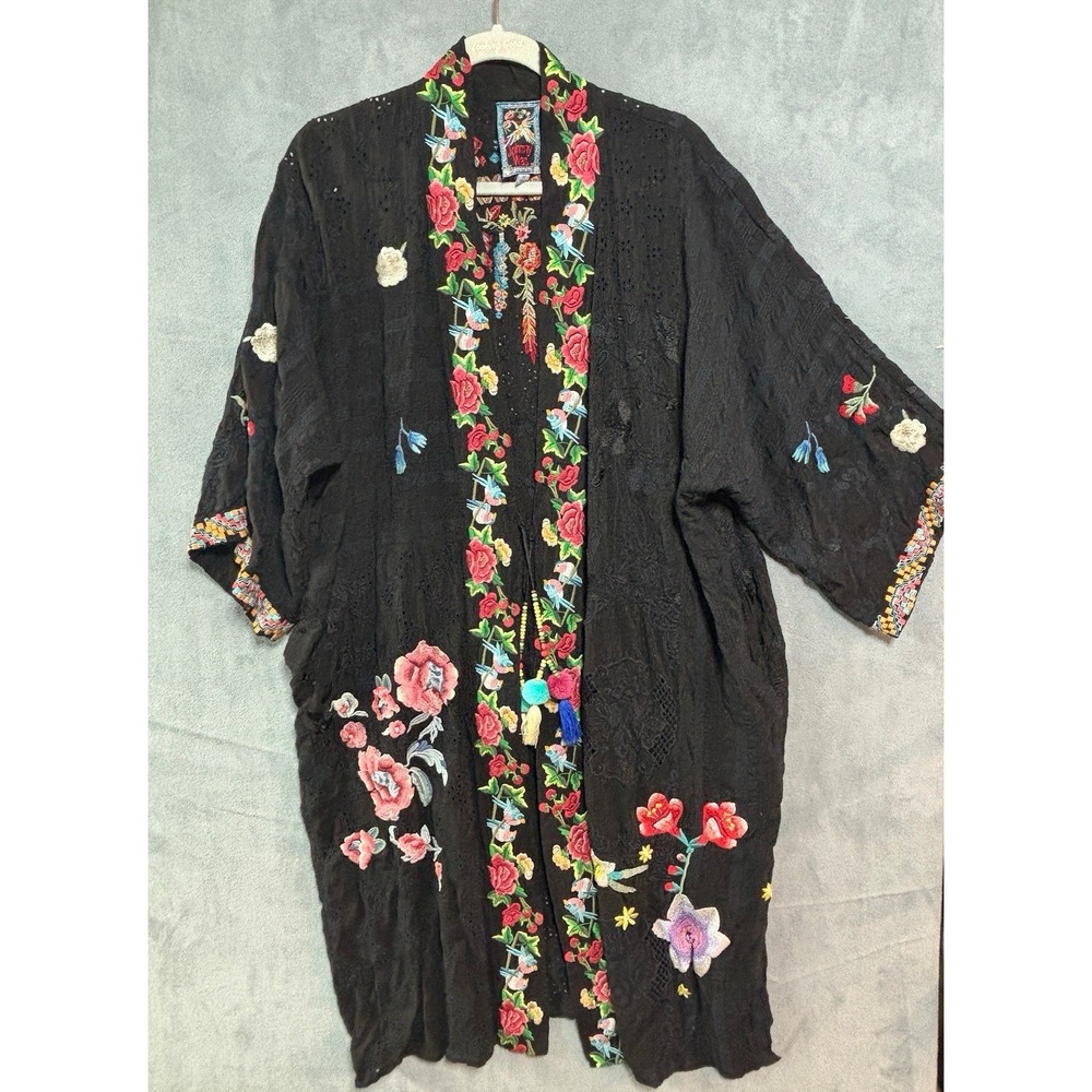 Johnny Was Marlowe Whimsical Embroidered Black Kimono XS Hippie Boho Floral